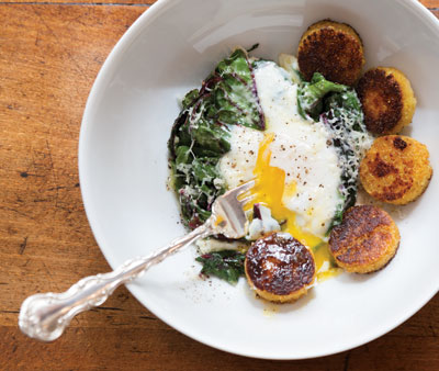 Susan Rebecca White’s Poached Egg with Greens and Cornbread Croutons