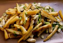 Steven Satterfield Oven-roasted parsnip “fries” with spring onions and fennel