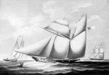 Black and white painting of the USS Wanderer on the sea