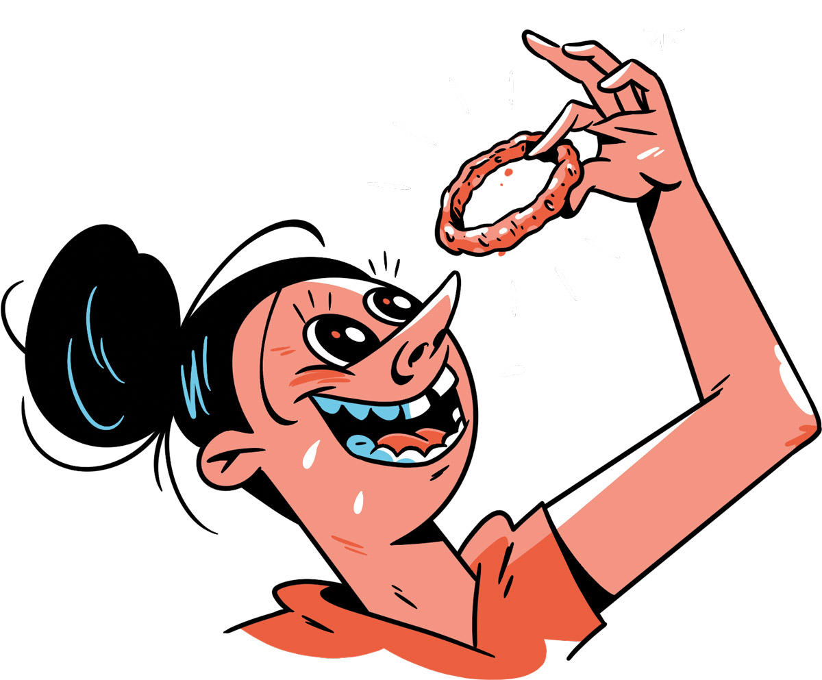 Illustration of a woman eating a fried onion ring