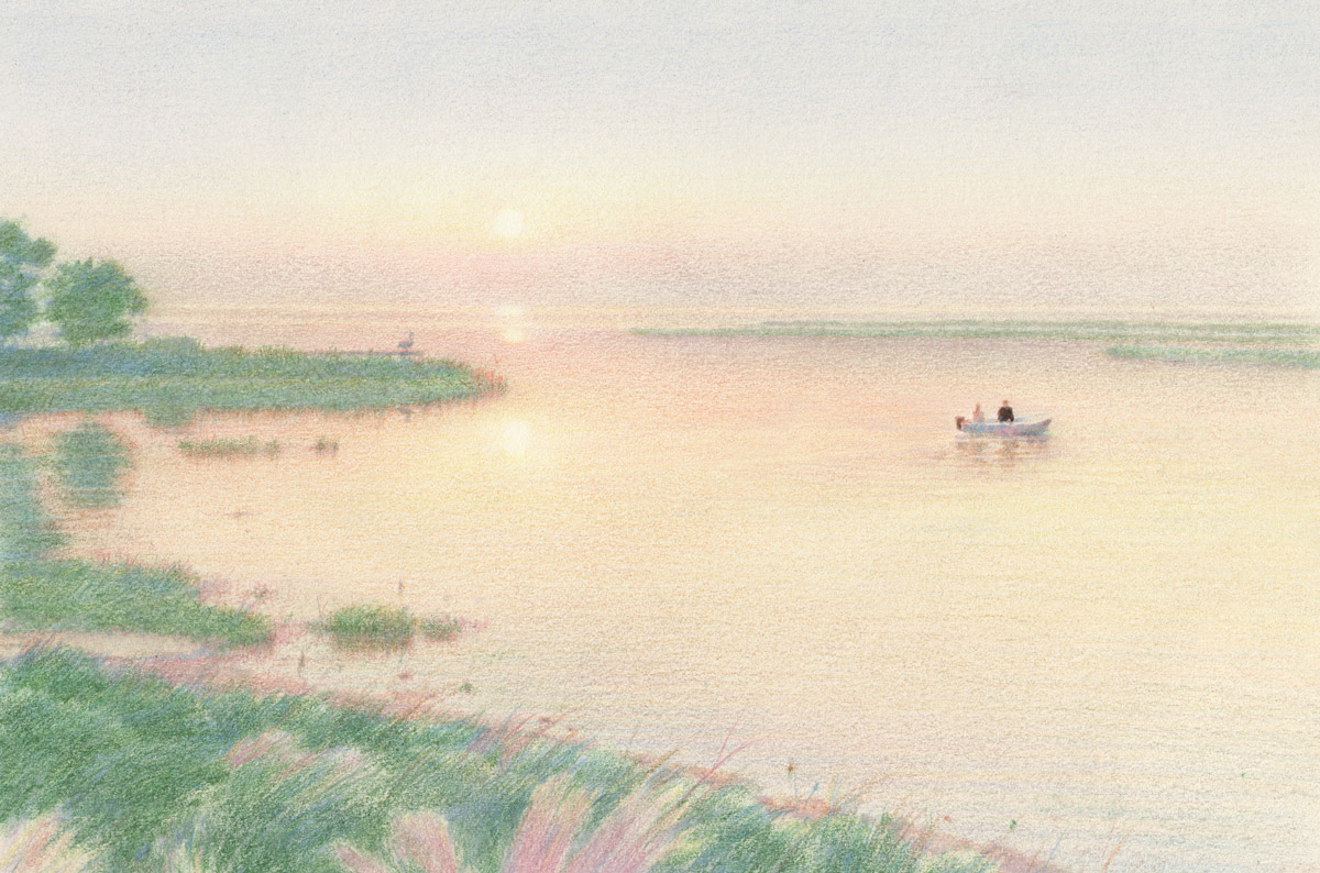 An illustration of two people in a boat in a marsh