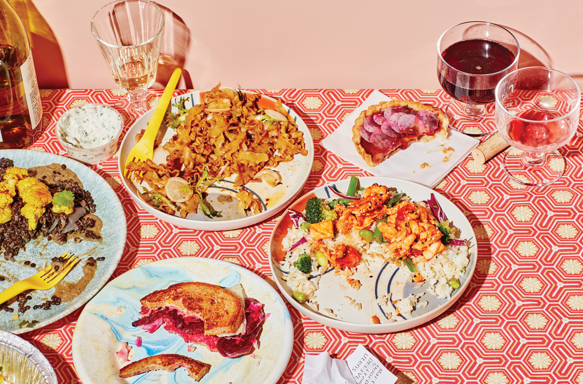 Clockwise from top middle: Staplehouse’s alkaline noodles and radish tart, Grub Fresh’s sweet and spicy salmon bowl, and the General Muir’s vegetarian Reuben and Beluga lentils