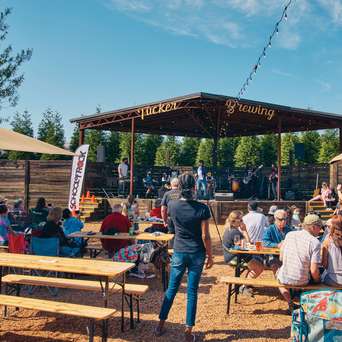 The spacious outdoor beer garden at Tucker Brewing Company