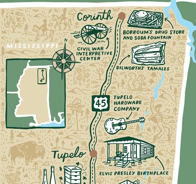 A road trip route through Mississippi with plenty of storied stops