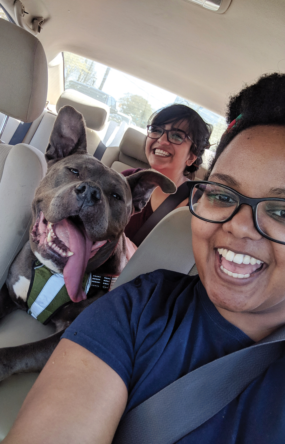 Two women with their adopted dog in the car