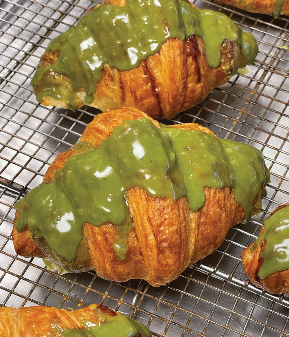 Matcha drizzle over croissants