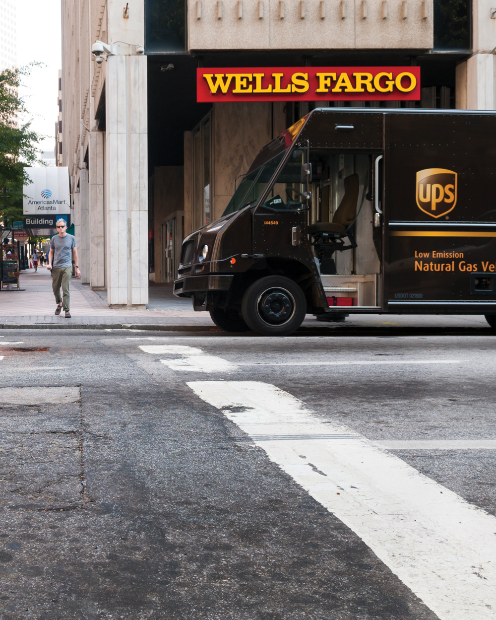 UPS truck in front of Wells Fargo