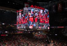 The jumbotron at State Farm Arena