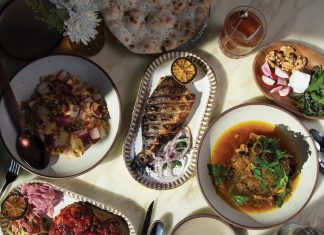 A table of food at Delbar