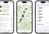 A graphic of three iPhones with the SMARTA app open, one showing bookmarks, another showing a MARTA map, and the last showing the different MARTA train line options