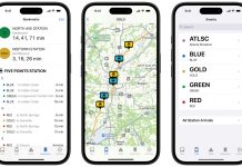 A graphic of three iPhones with the SMARTA app open, one showing bookmarks, another showing a MARTA map, and the last showing the different MARTA train line options