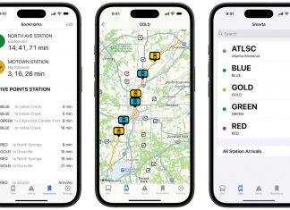 A graphic of three iPhones with the SMARTA app open, one showing bookmarks, another showing a MARTA map, and the last showing the different MARTA train line options