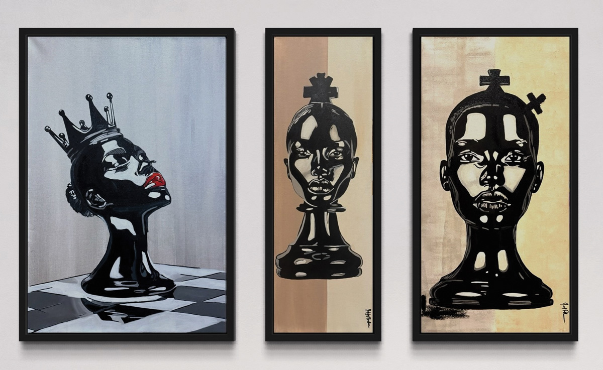 three paintings of women as chess pieces hung on the wall