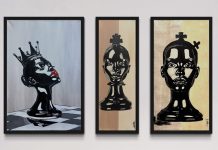 three paintings of women as chess pieces hung on the wall