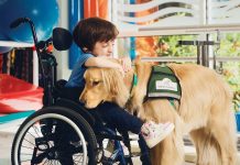 Dominic holds therapy dog, Queso, on his lap