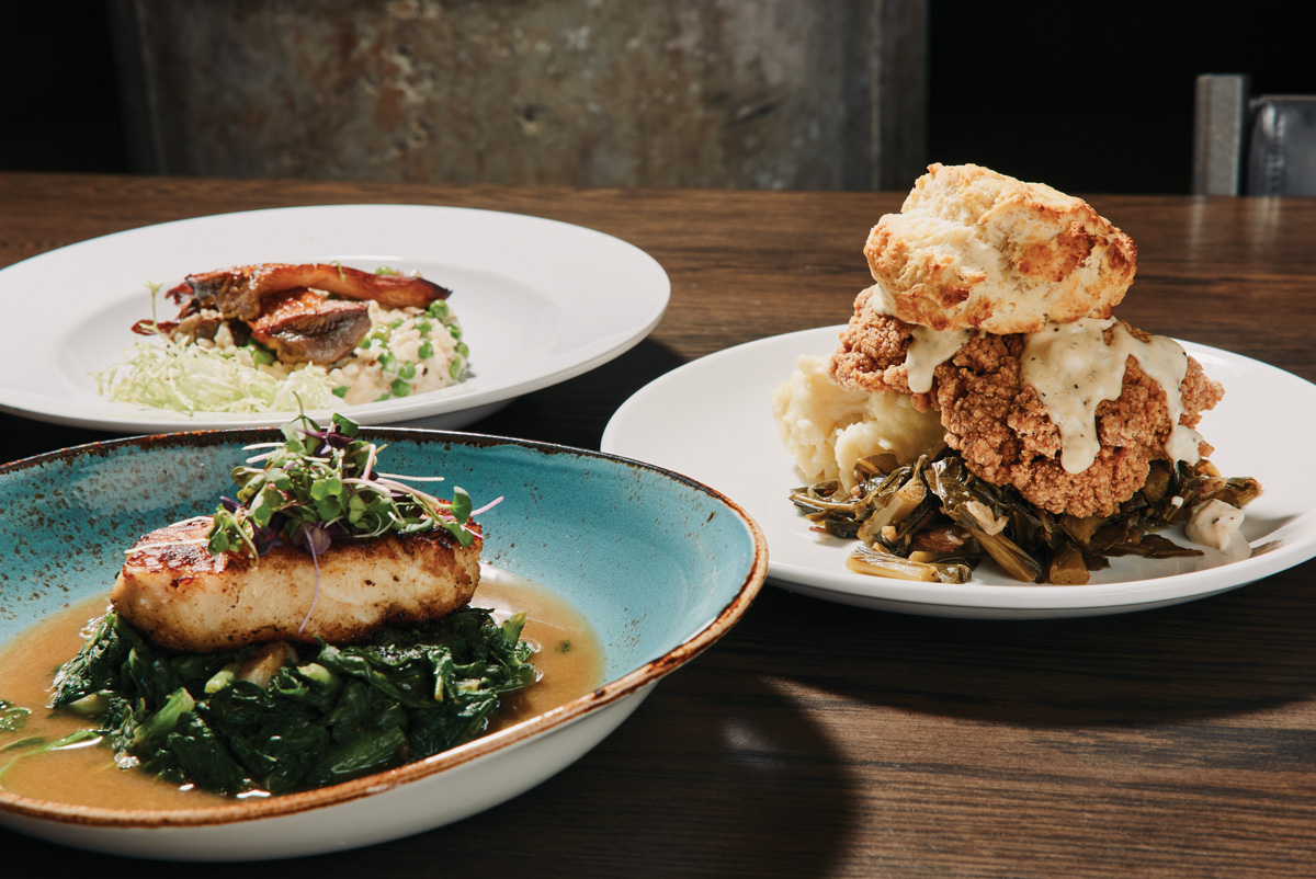 fried chicken, risotto, and sea bass