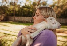 a woman holds a baby sheep in her arms