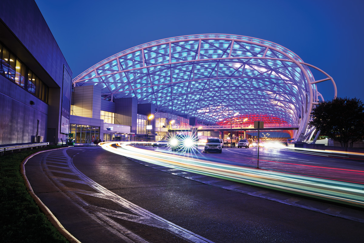 Huge canopies over terminal drop-off and pick-up were completed in 2019, with bright LEDs that make them visible from miles away.