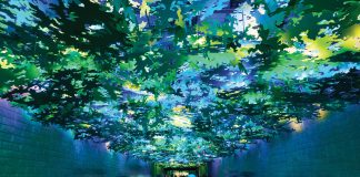 Flight Paths by Steve Waldeck, between Concourses A and B, is one of the only dark places in airport, with the sounds of rain and birds chirping in the background.