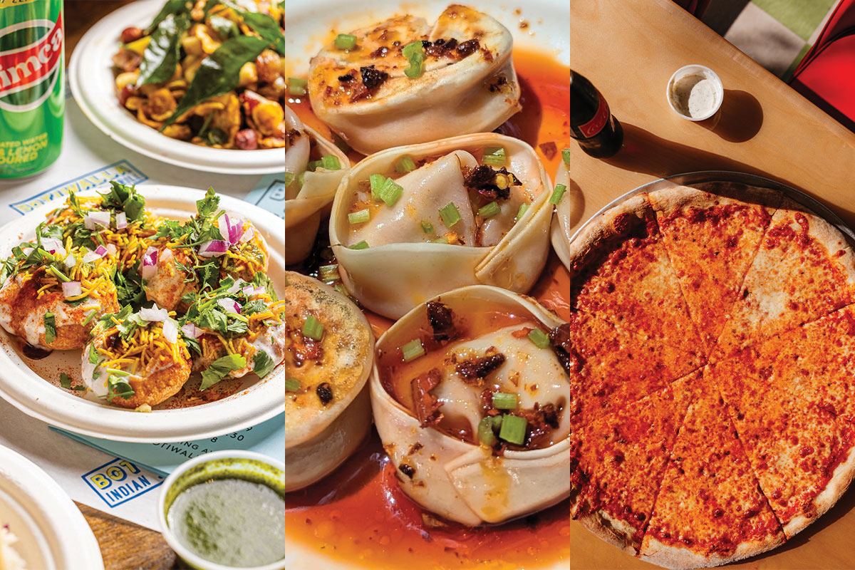 Three stacked images of the Sev Potato Dahi Puri at Botiwalla, the Mapo Tofu Pork Dumplings at So So Fed, and the Cheese Pizza at Glide Pizza