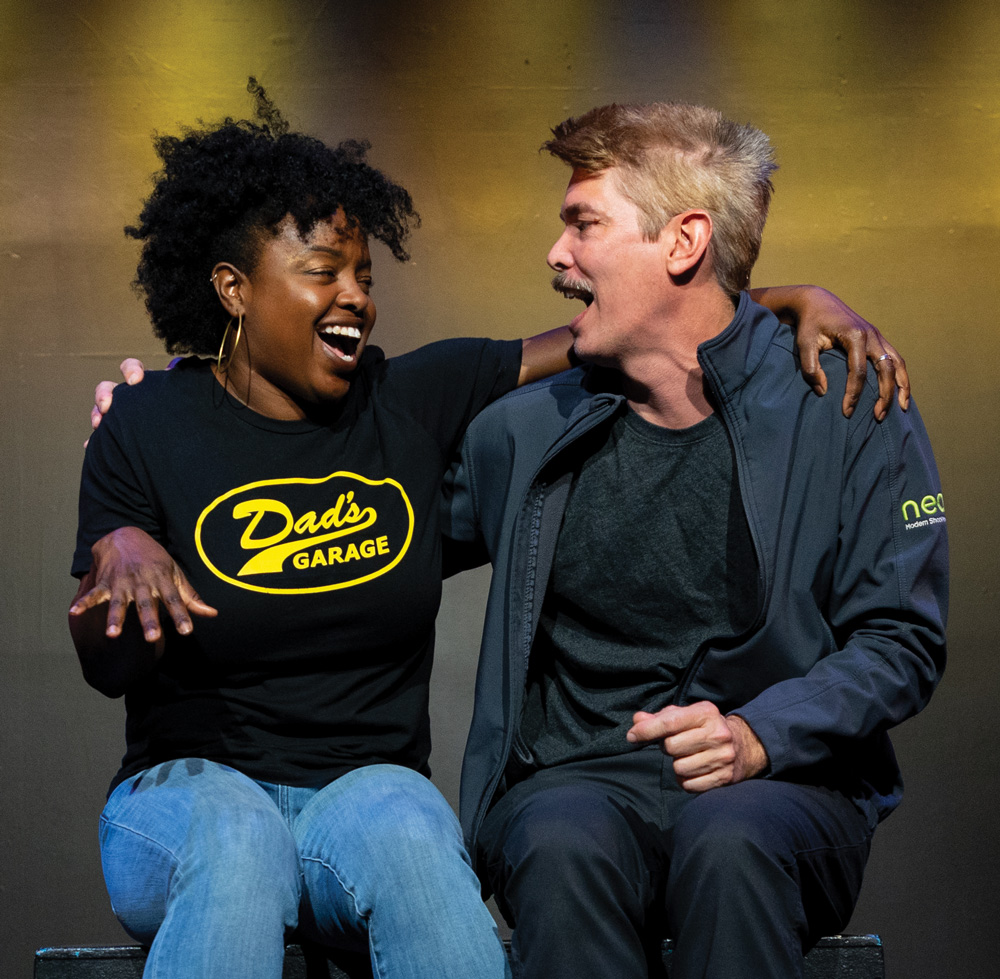 two people acting in Dad's Garage