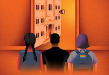 an illustration of three people looking into a window with a building inside