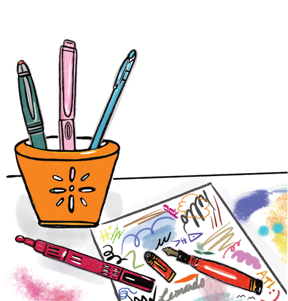 an illustration of multiple colored pens, some in an orange cup, and some over a piece of scribbled paper