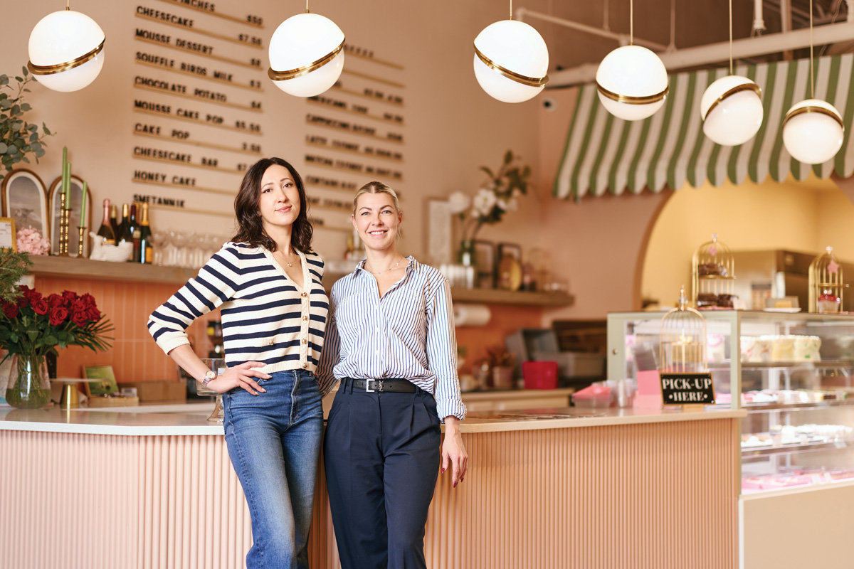 Baker and co-owner Natalia Hairetis (right) and co-owner Valeriya Zalland at their haven for Russian-inspired treats, including the signature honey cake (far left).