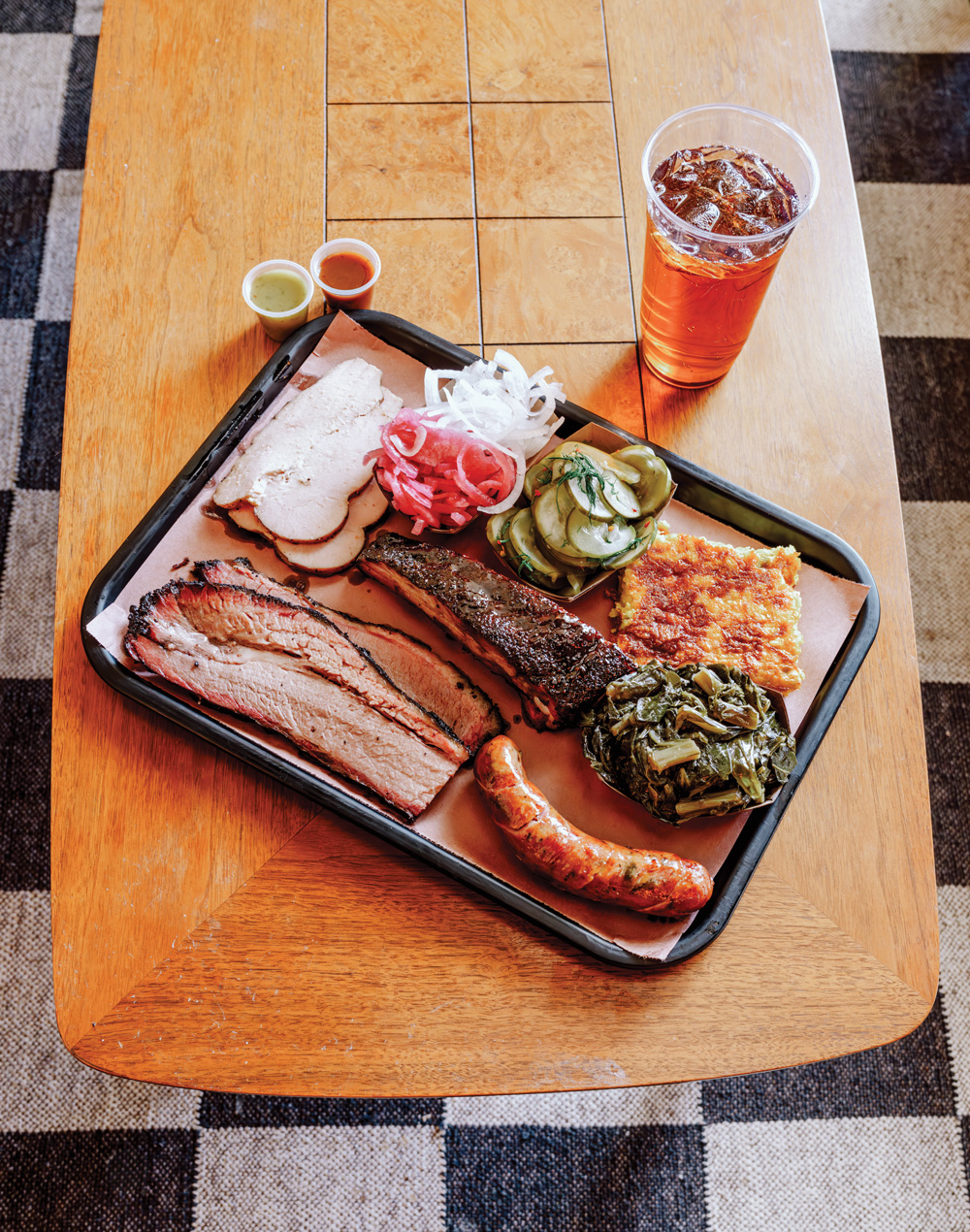 Barbecue platter at Lewis Barbecue with smoke and heat elements