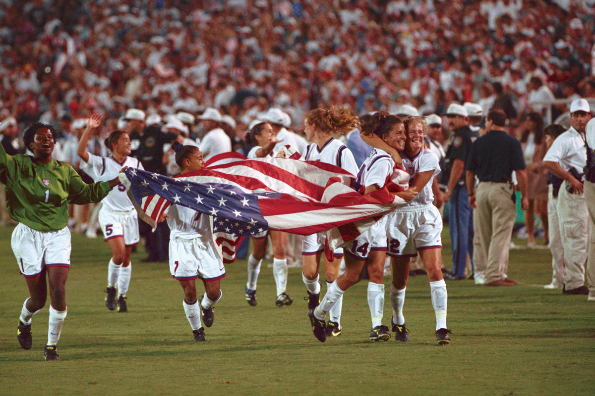 The U.S. women’s soccer team celebrates its gold-medal win during Atlanta’s 1996 Olympic Games