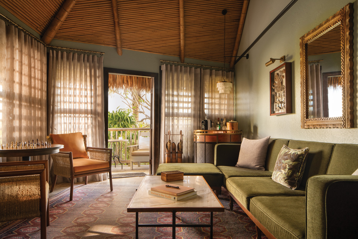 Its 30 thatch-roof bungalows have island-chic decor